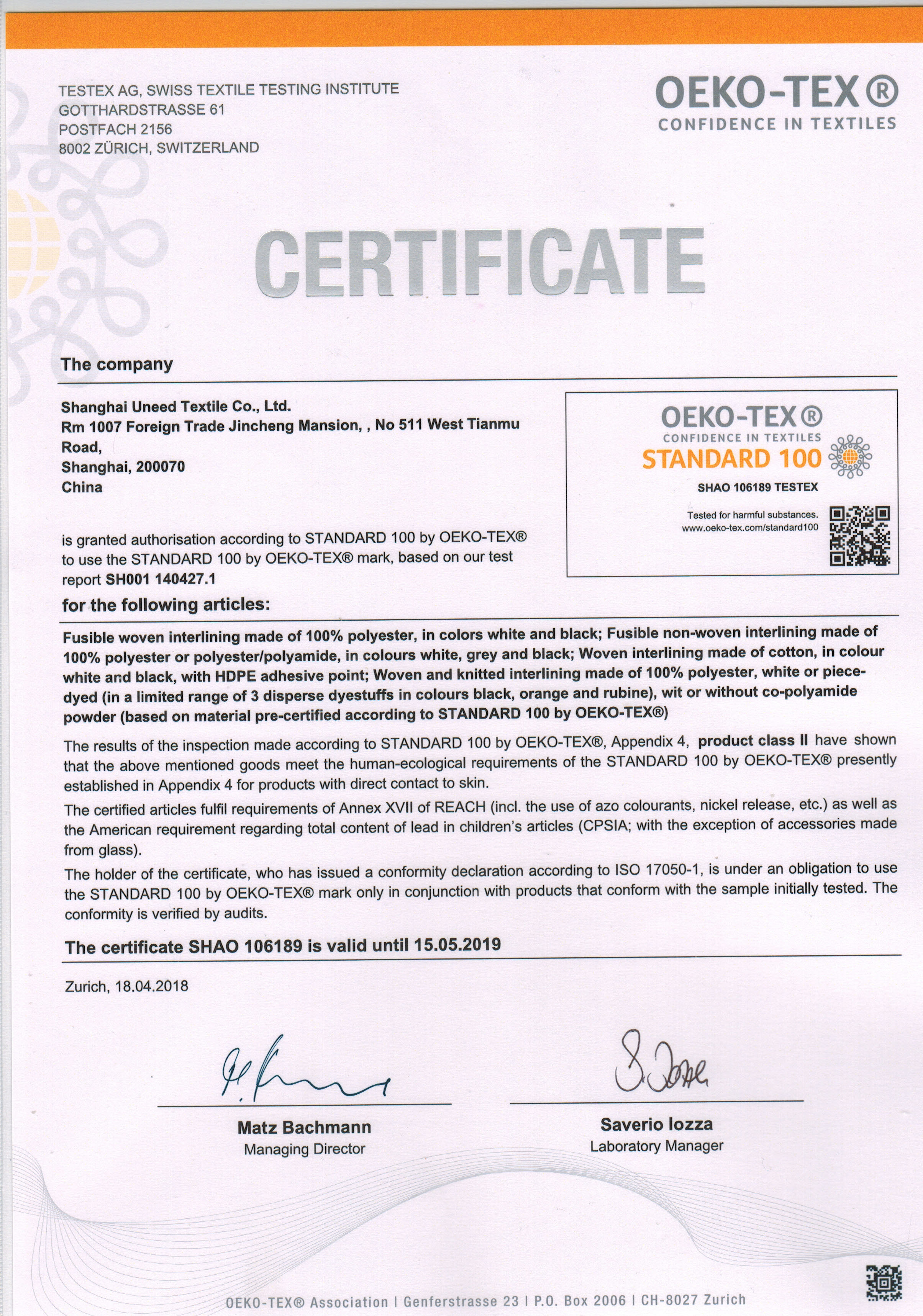 Chine Shanghai Uneed Textile Co.,Ltd Certifications
